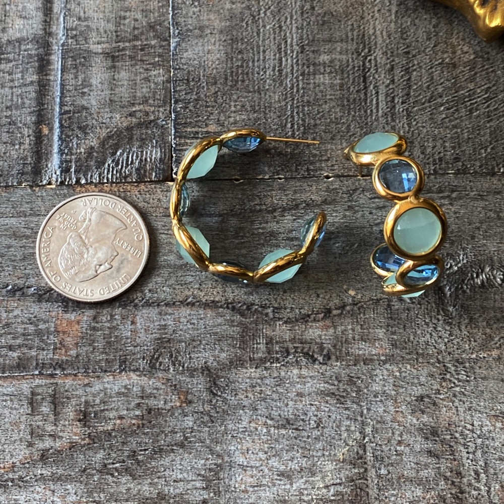 NEW Gold & Blue Stones Chunky Hoop Earrings - Picture 15 of 16